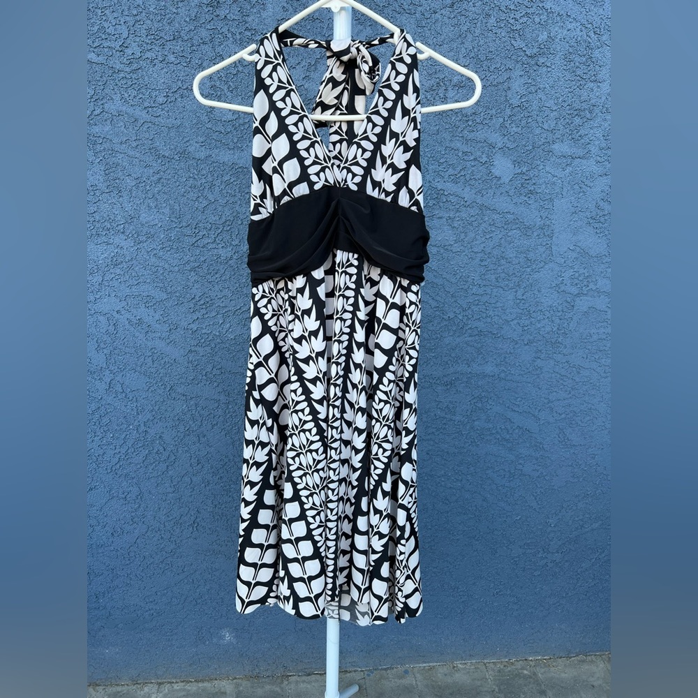 Black and Cream Colored Leaf Print Halter Dress